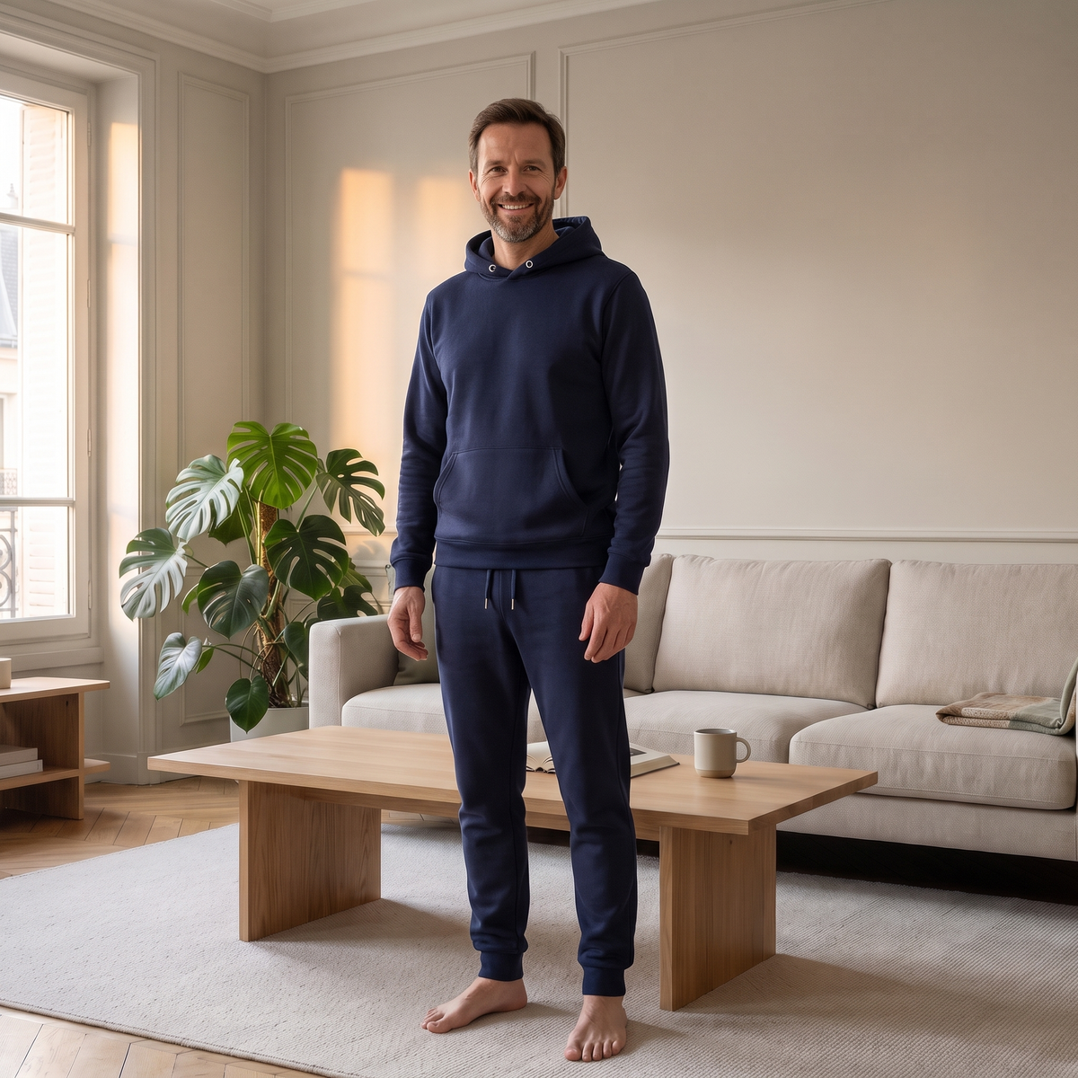 Ensemble jogging chaud homme bleu marine porté à la maison