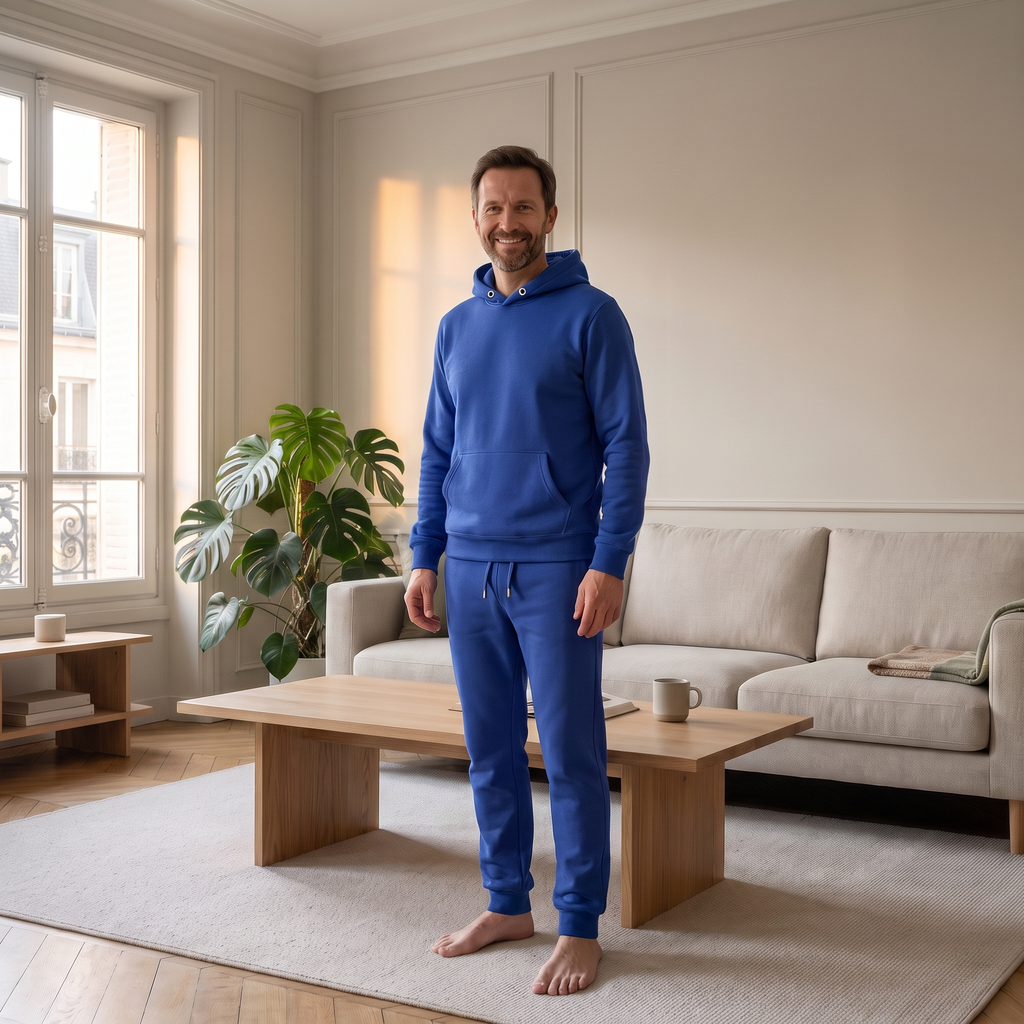 Ensemble jogging chaud homme bleu porté à la maison