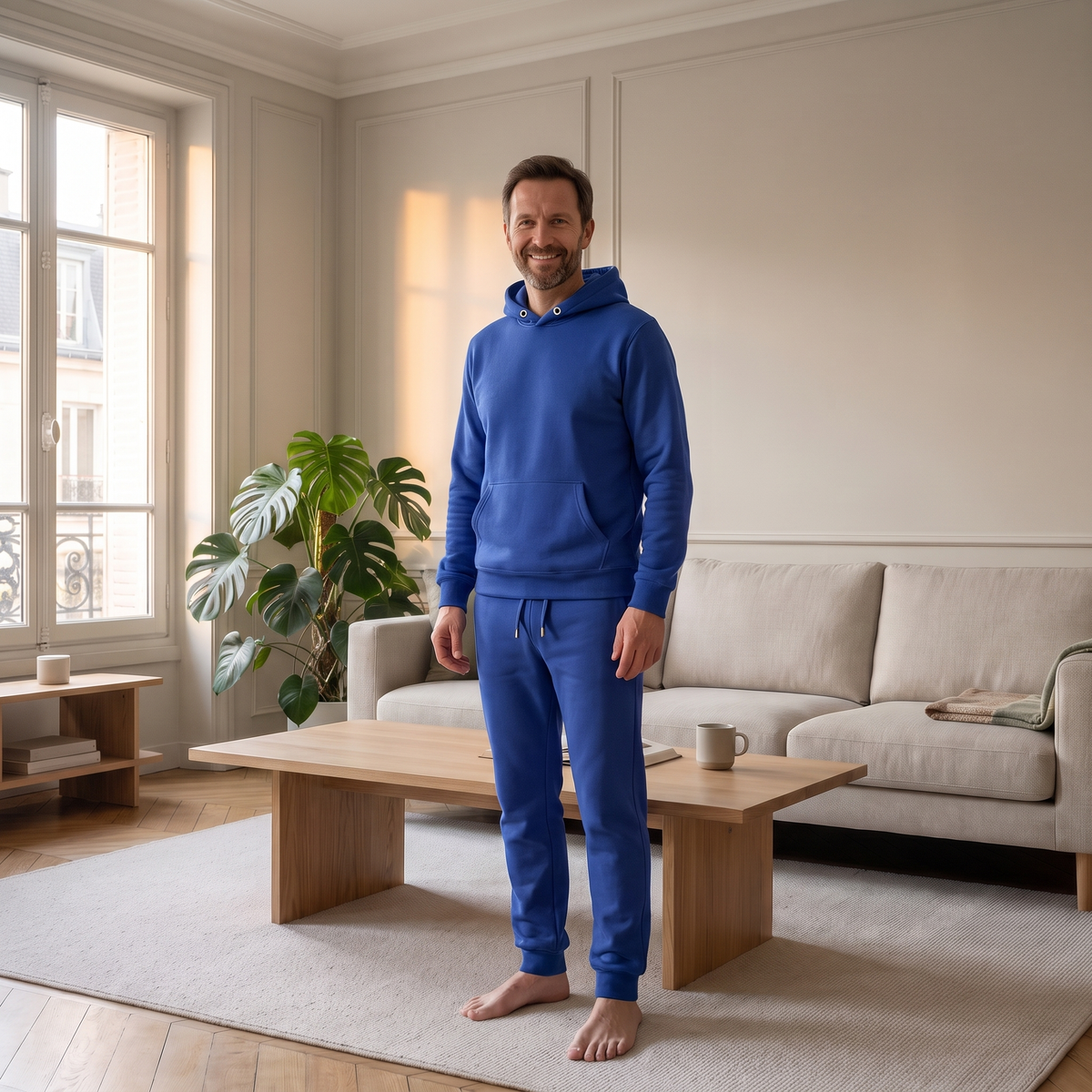 Ensemble jogging chaud homme bleu porté à la maison
