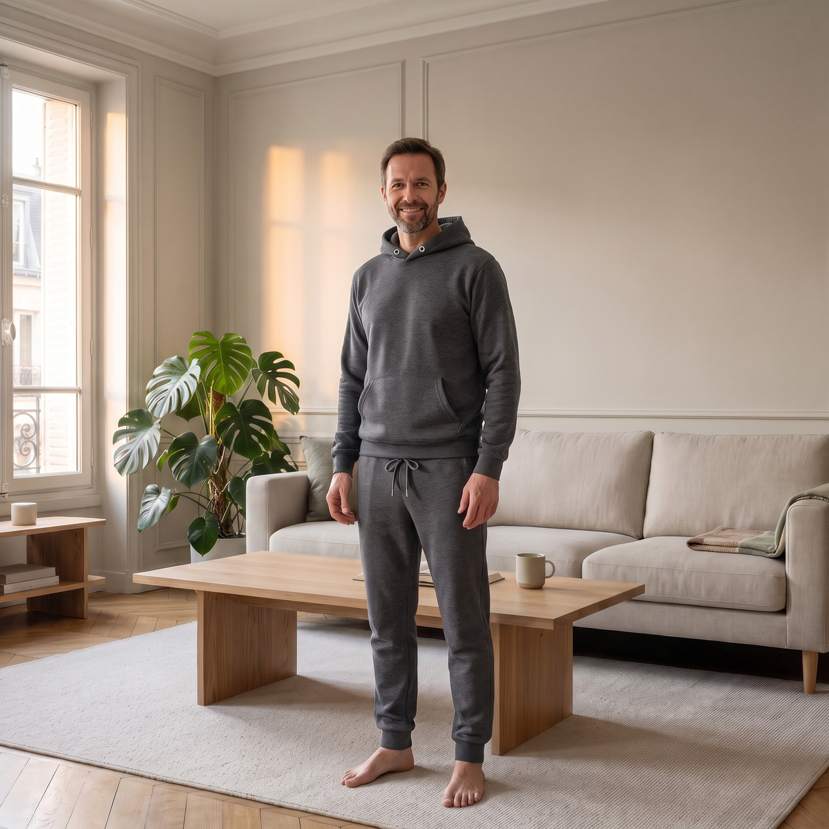 Ensemble jogging chaud homme gris foncé porté à la maison