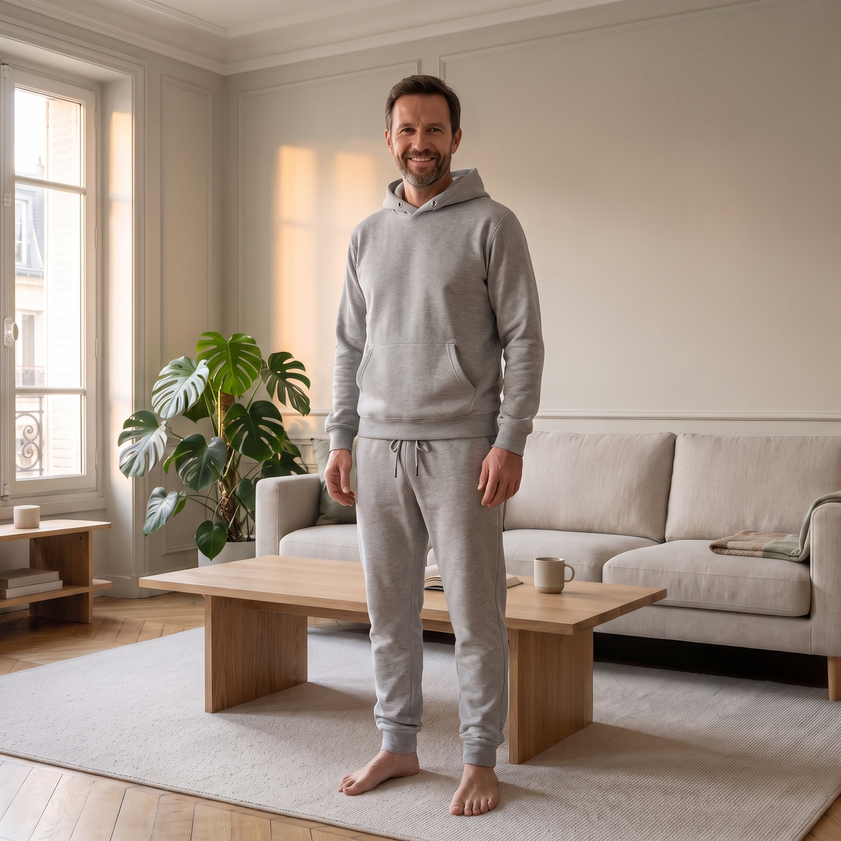 Ensemble jogging chaud homme gris porté à la maison