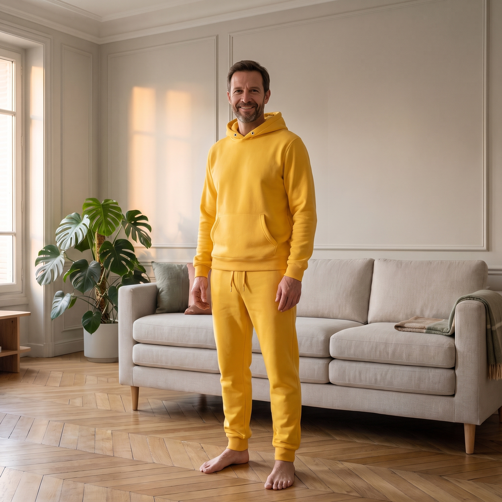 Ensemble jogging chaud homme jaune porté à la maison
