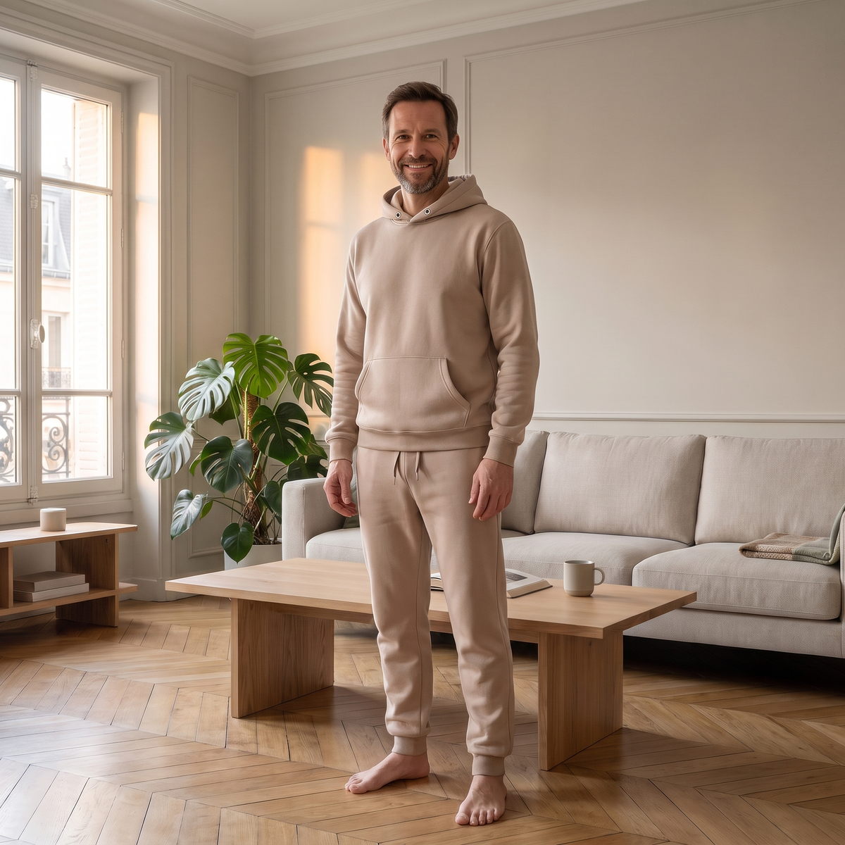 Ensemble jogging chaud homme marron clair porté à la maison