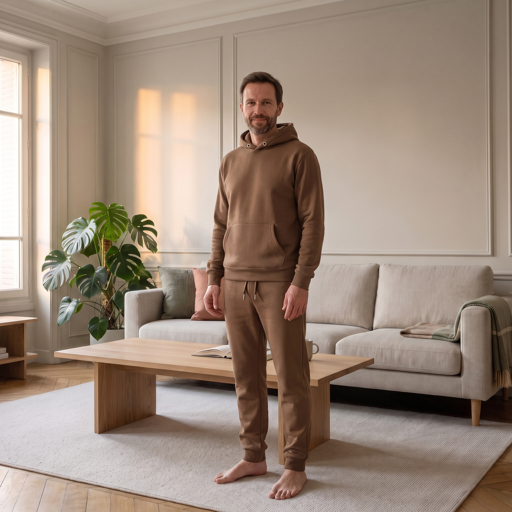 Ensemble jogging chaud homme marron foncé porté à la maison