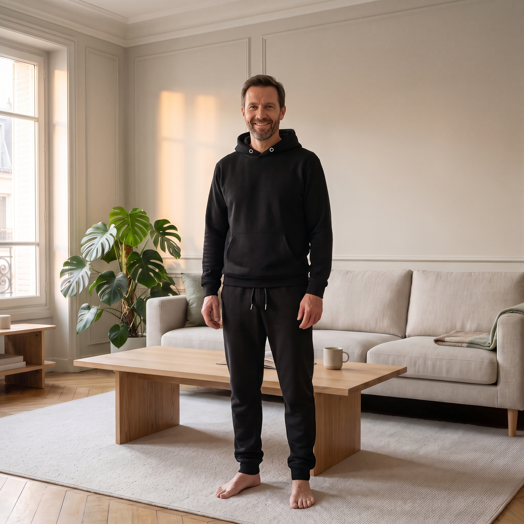 Ensemble jogging chaud homme noir porté à la maison