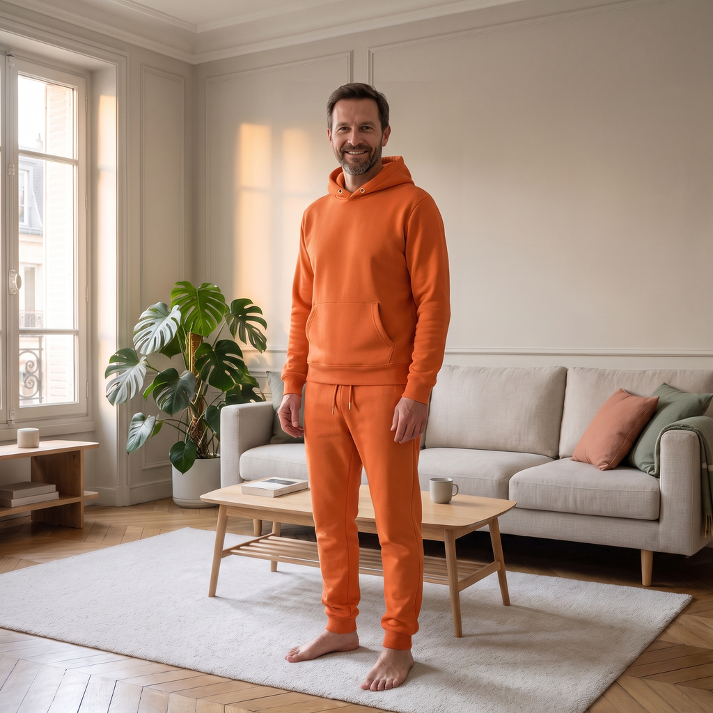 Ensemble jogging chaud homme orange porté à la maison