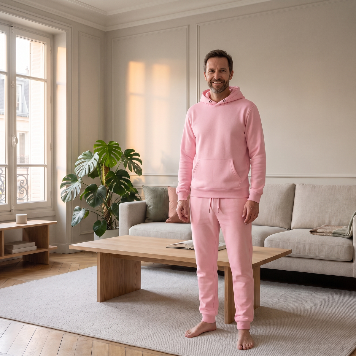 Ensemble jogging chaud homme rose porté à la maison