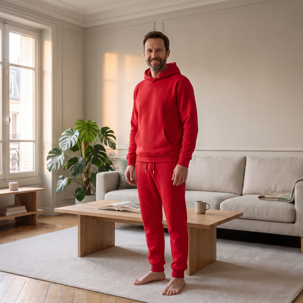 Ensemble jogging chaud homme rouge porté à la maison