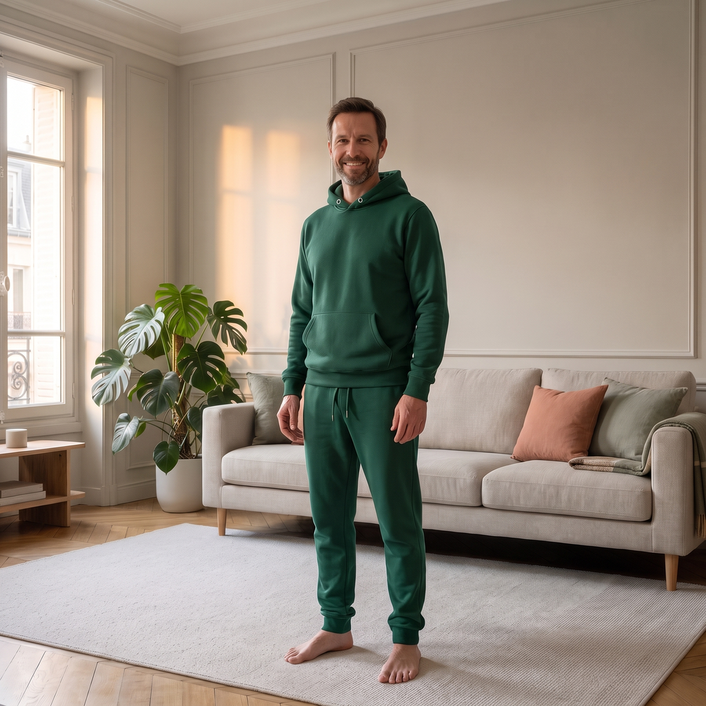 Ensemble jogging chaud homme vert porté à la maison