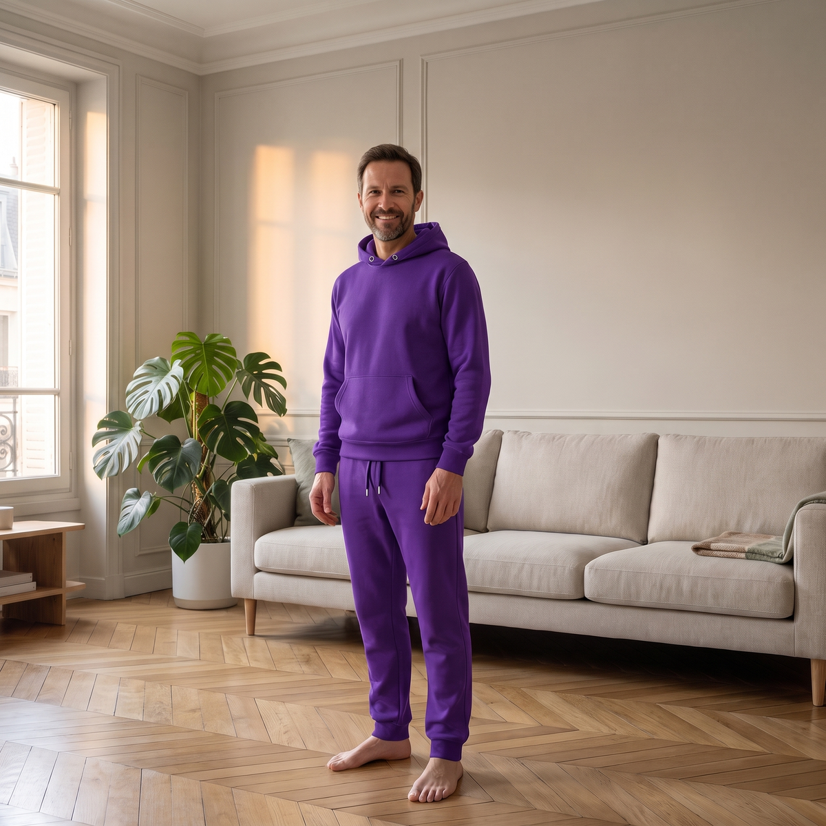 Ensemble jogging chaud homme violet porté à la maison