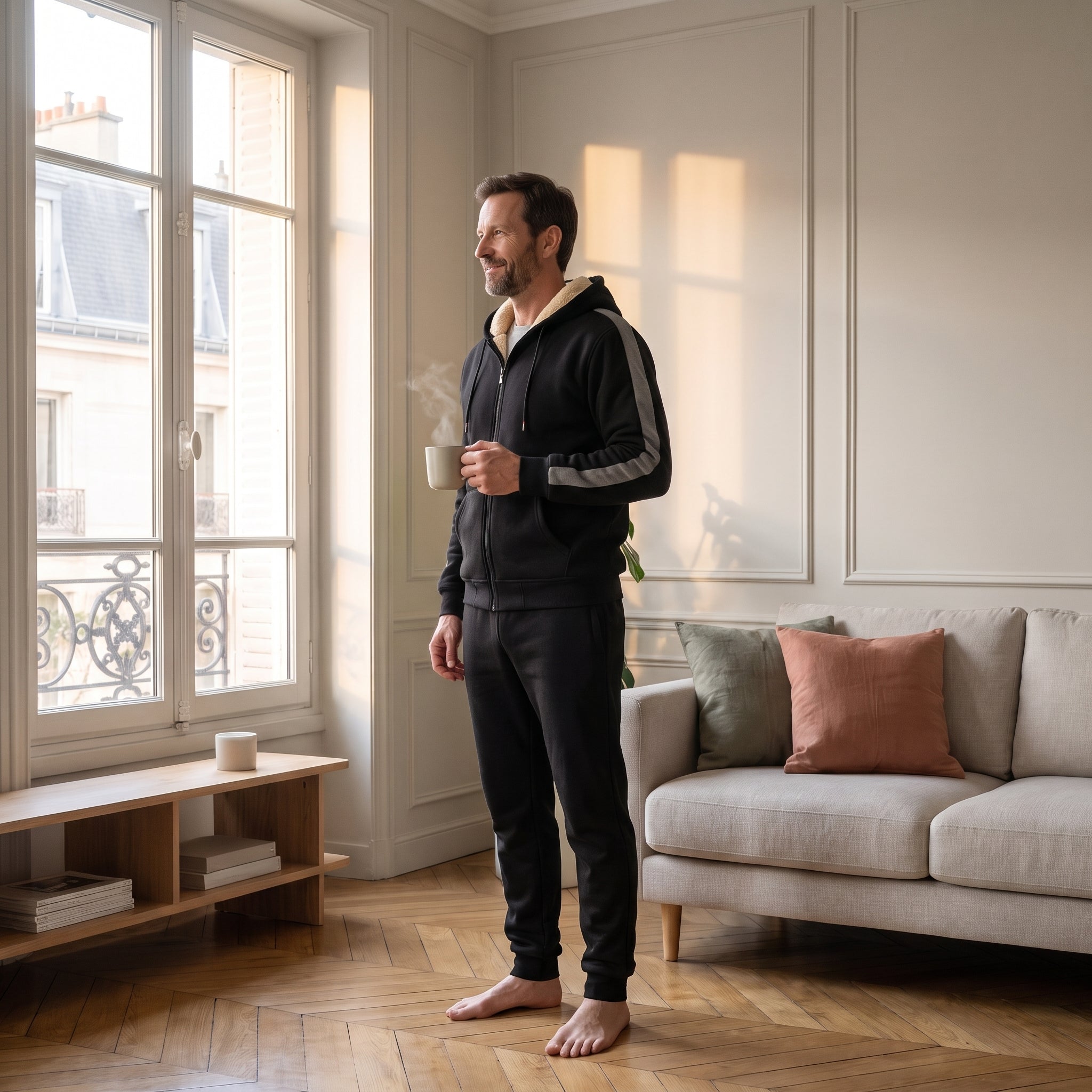 Homme en ensemble de jogging noir doublé polaire, une tasse à la main près de la fenêtre Image
