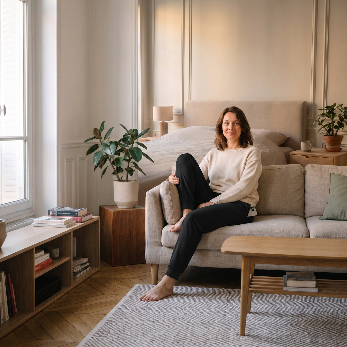 Femme portant le jogging léger noir assise dans une chambre lumineuse Image