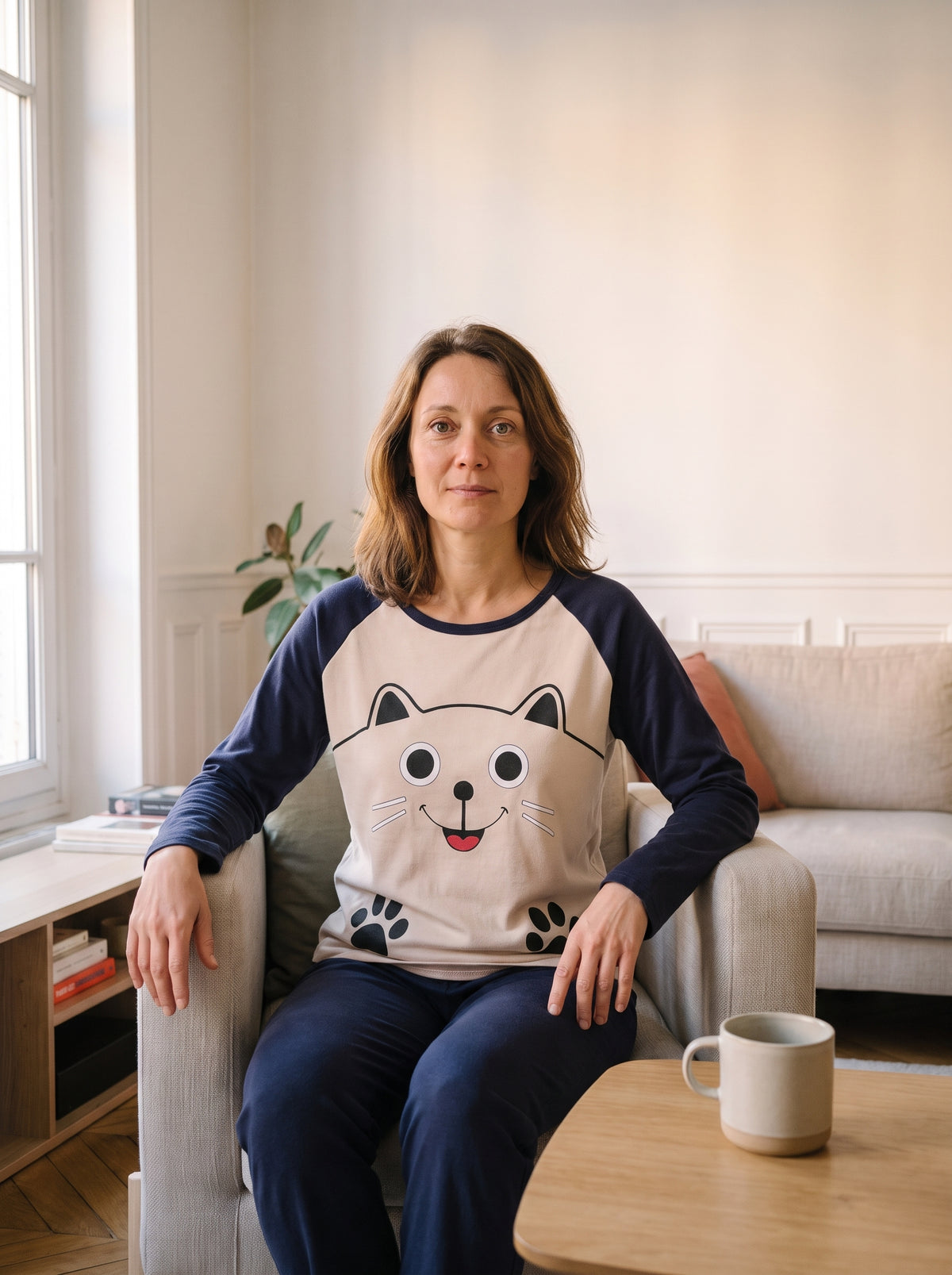 Femme du casting en pyjama chat beige et bleu marine assise près de la fenêtre. Image