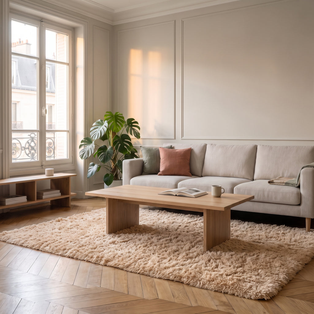 Tapis en fausse fourrure kaki étendu dans un salon clair devant un canapé