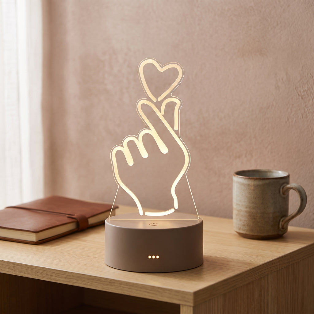 Lampe veilleuse 3D en acrylique motif coeur dans un intérieur chaleureux
