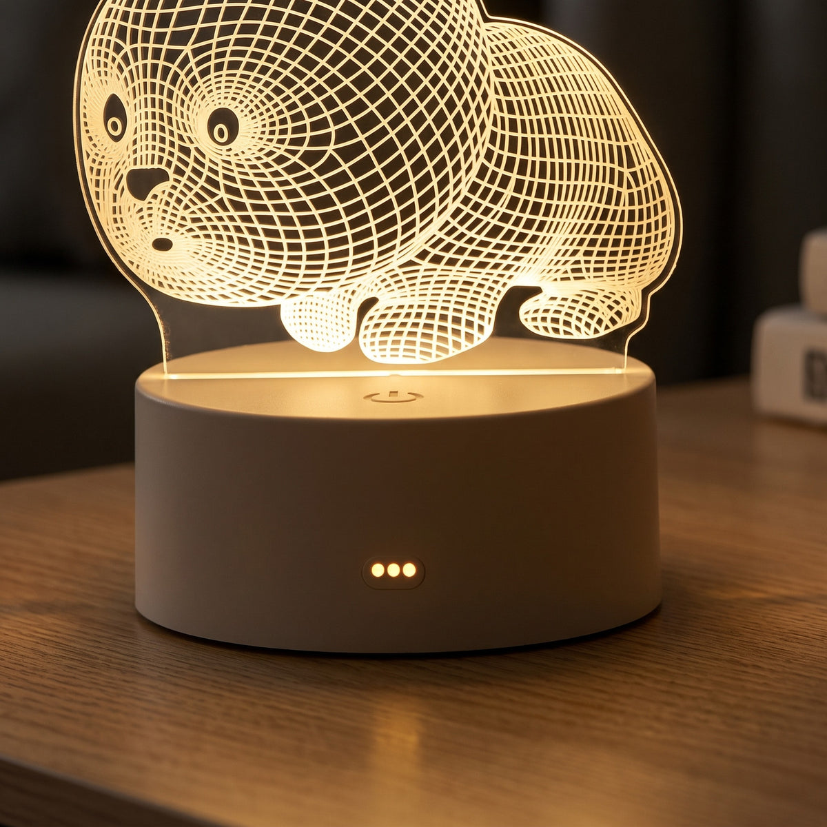 Détail de la plaque en acrylique gravé et du socle lumineux de la lampe veilleuse 3D
