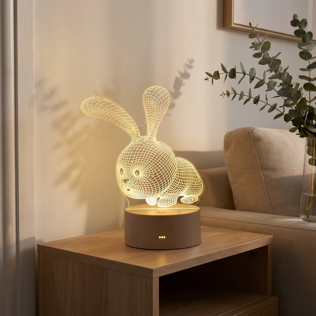 Lampe veilleuse 3D en acrylique motif lapin dans un intérieur chaleureux