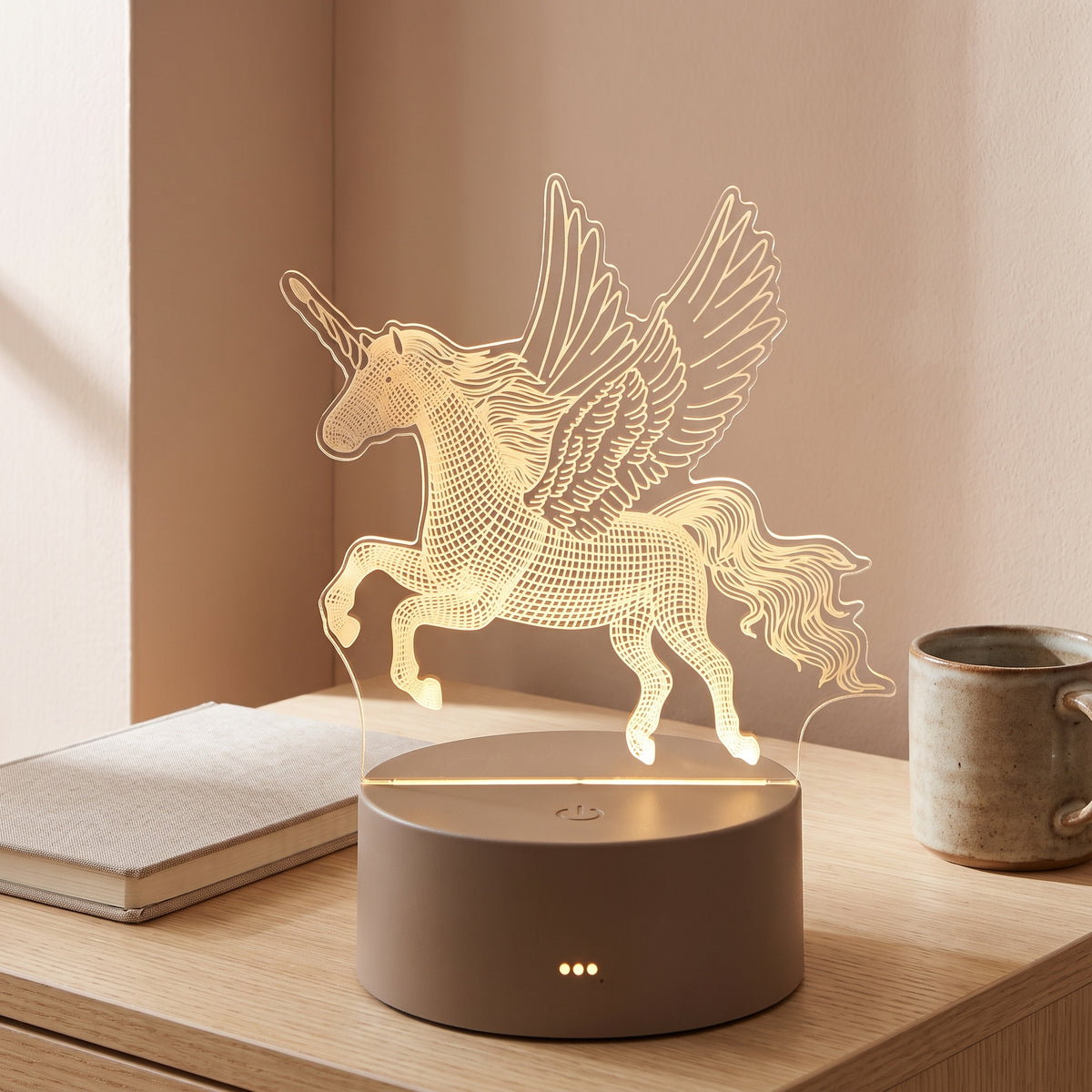 Lampe veilleuse 3D en acrylique motif licorne dans un intérieur chaleureux