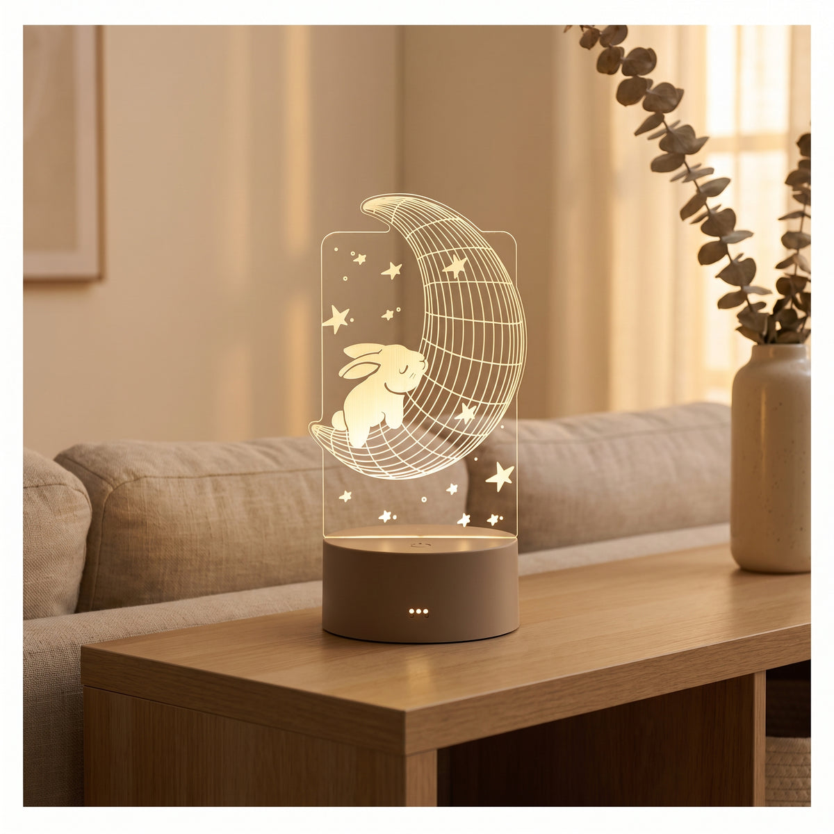 Lampe veilleuse 3D en acrylique motif lune dans un intérieur chaleureux