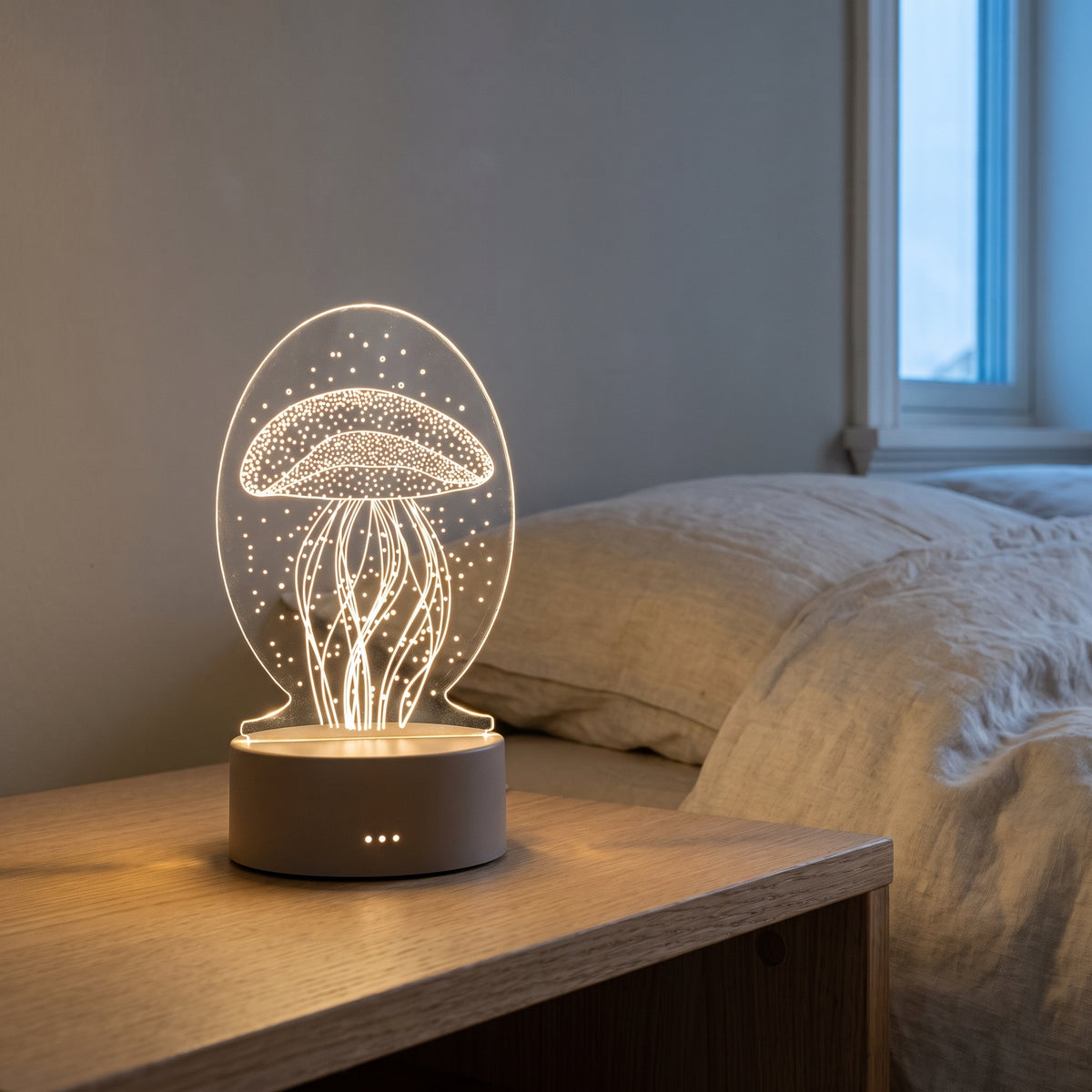Lampe veilleuse 3D en acrylique motif méduse dans un intérieur chaleureux