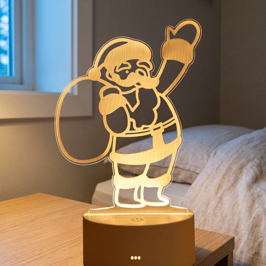 Lampe veilleuse 3D en acrylique motif père noël dans un intérieur chaleureux