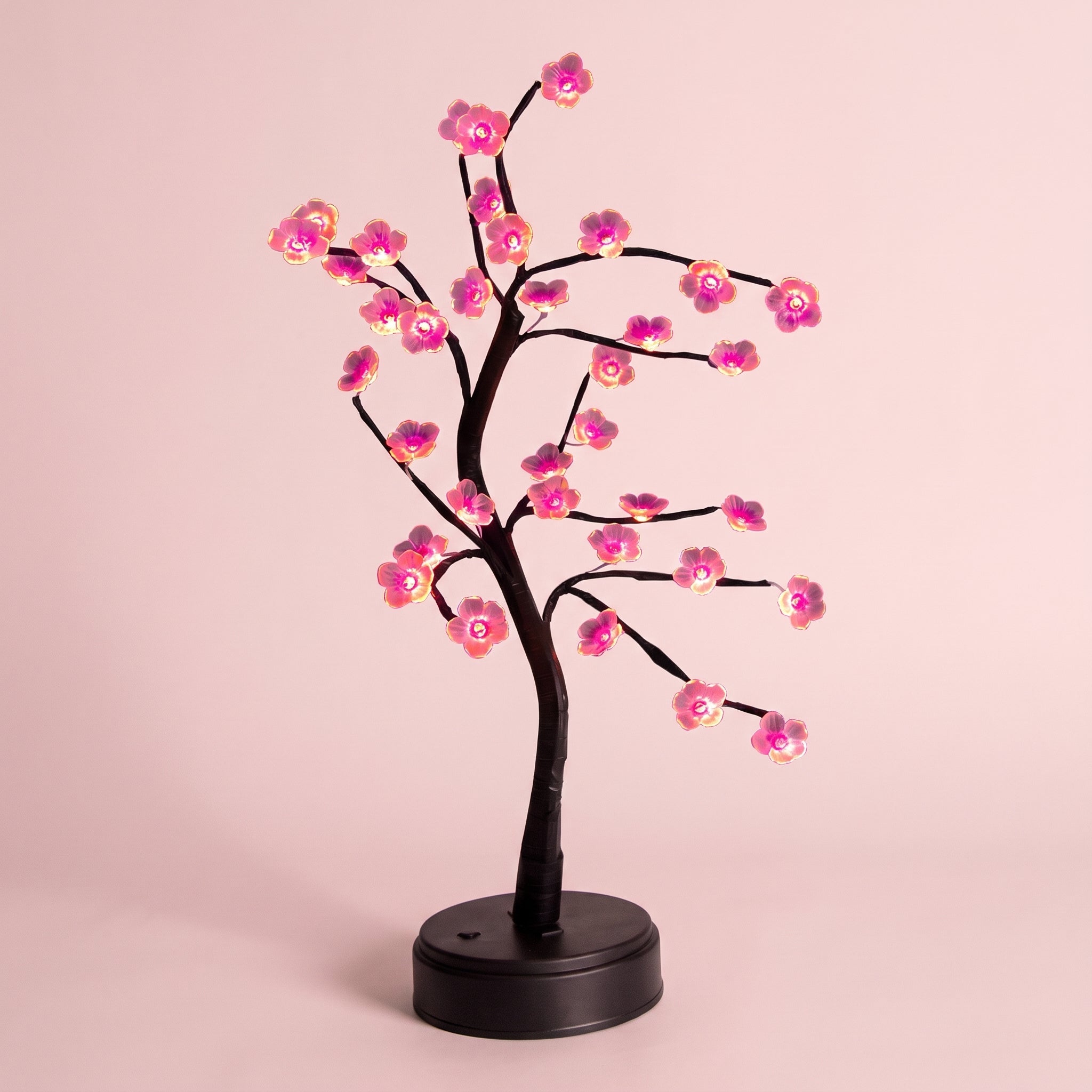 Détail des fleurs roses lumineuses et des branches de la lampe bonsaï LED Image