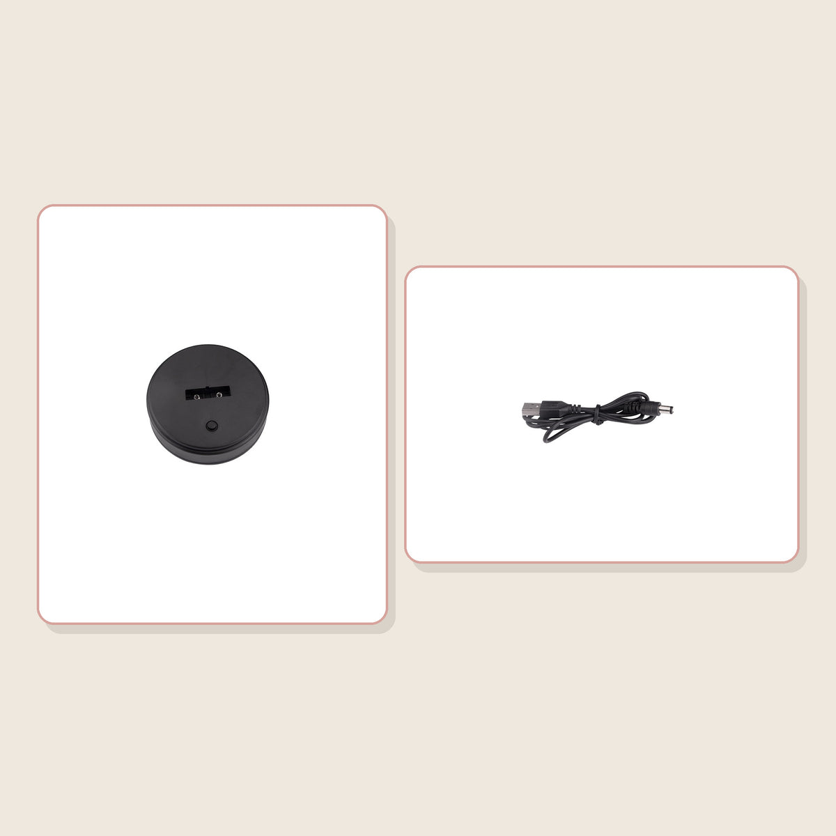 Vue du socle rond avec son bouton et du câble USB de la lampe bonsaï LED