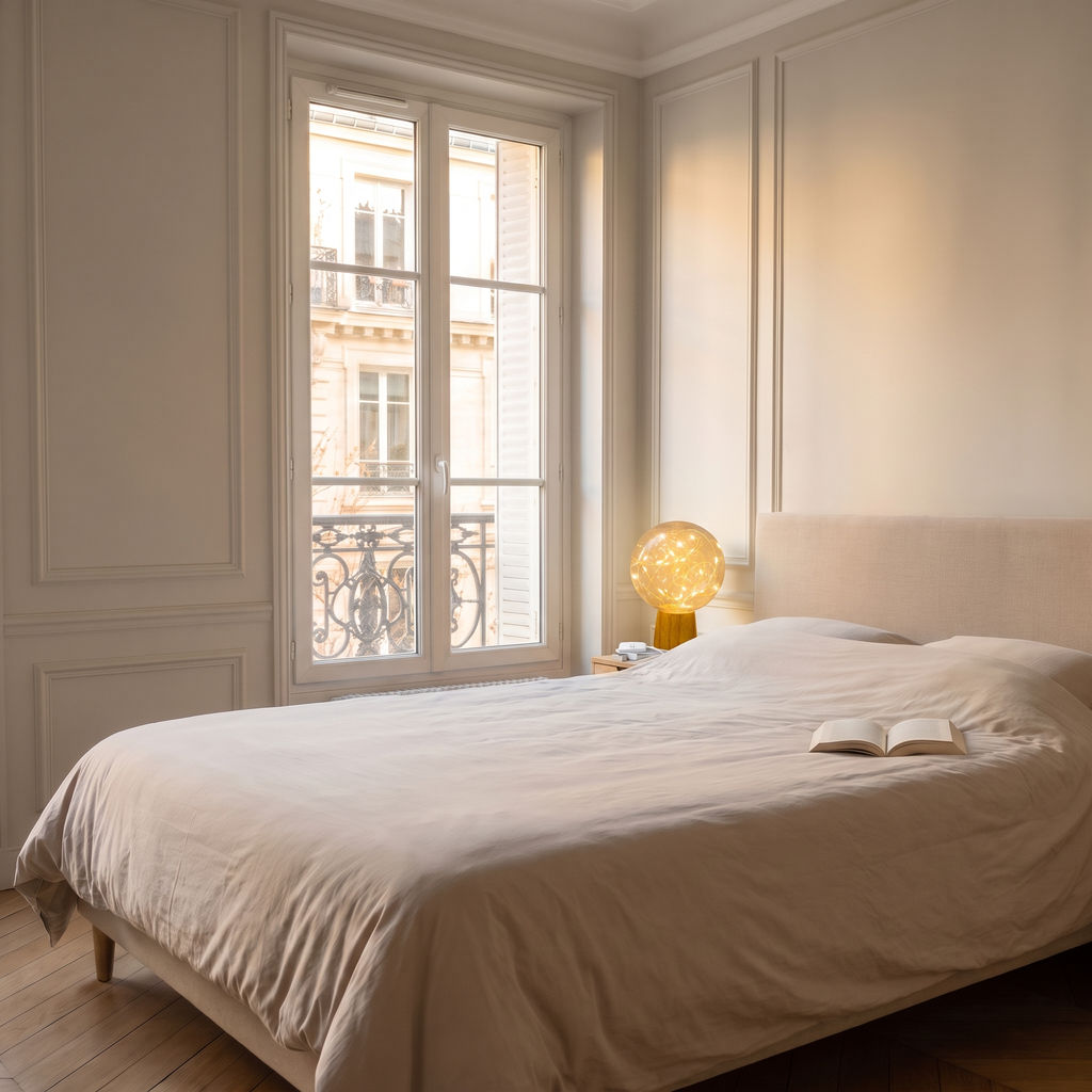 Lampe boule LED à guirlande lumineuse sur socle en bois allumée sur une table de chevet