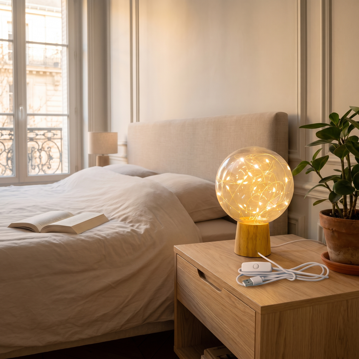 Détail du globe, de la guirlande LED et du câble USB blanc