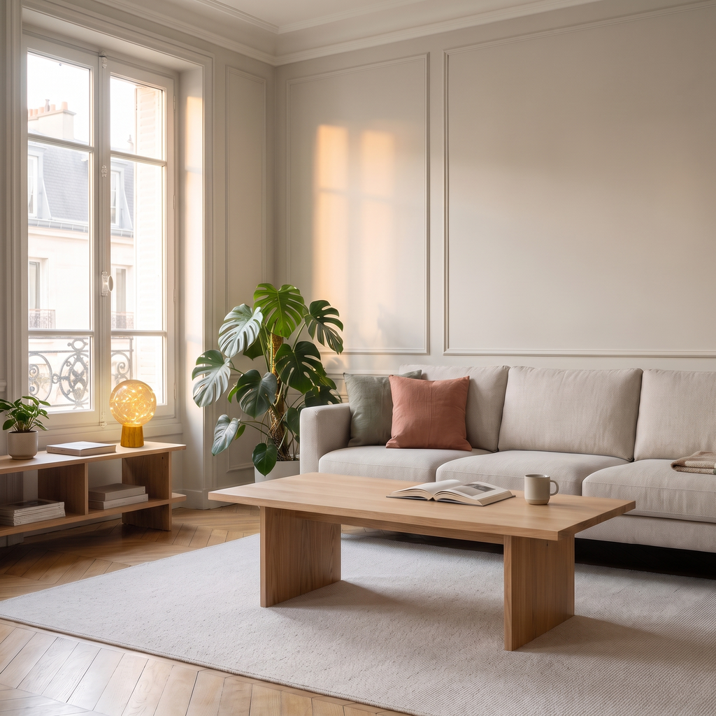 Lampe boule LED à guirlande lumineuse sur socle en bois sur un meuble du salon près de livres