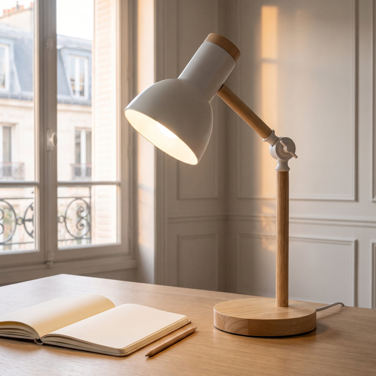 Lampe de bureau pliante blanche avec carnet sur un bureau en bois