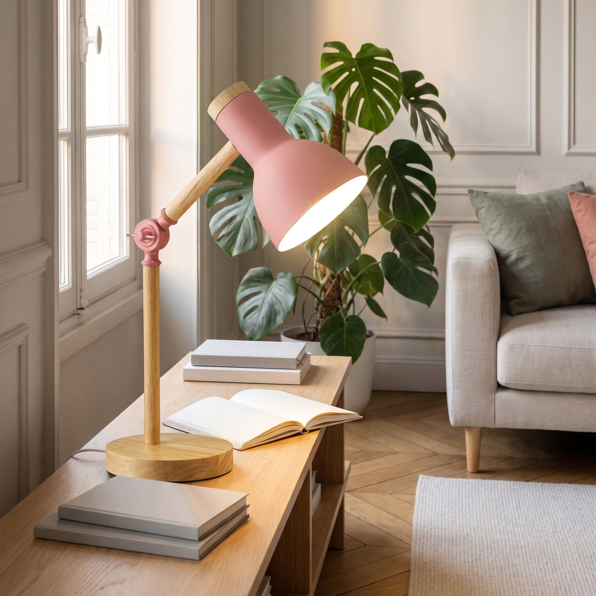 Lampe de bureau pliante rose éclairant un livre ouvert Image