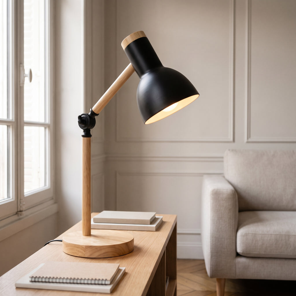 Lampe de bureau pliante noire sur une console près de la fenêtre