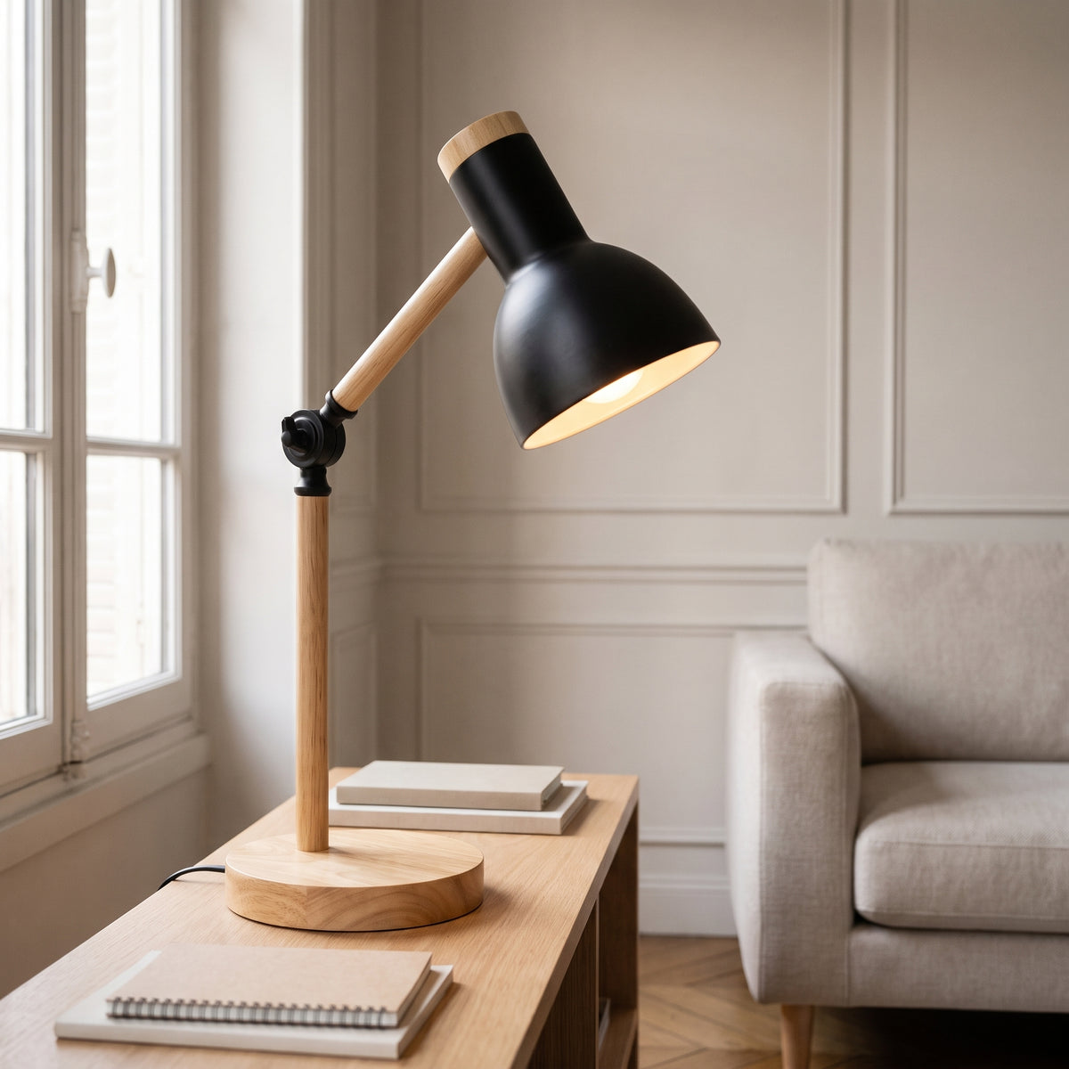 Lampe de bureau pliante noire sur une console près de la fenêtre