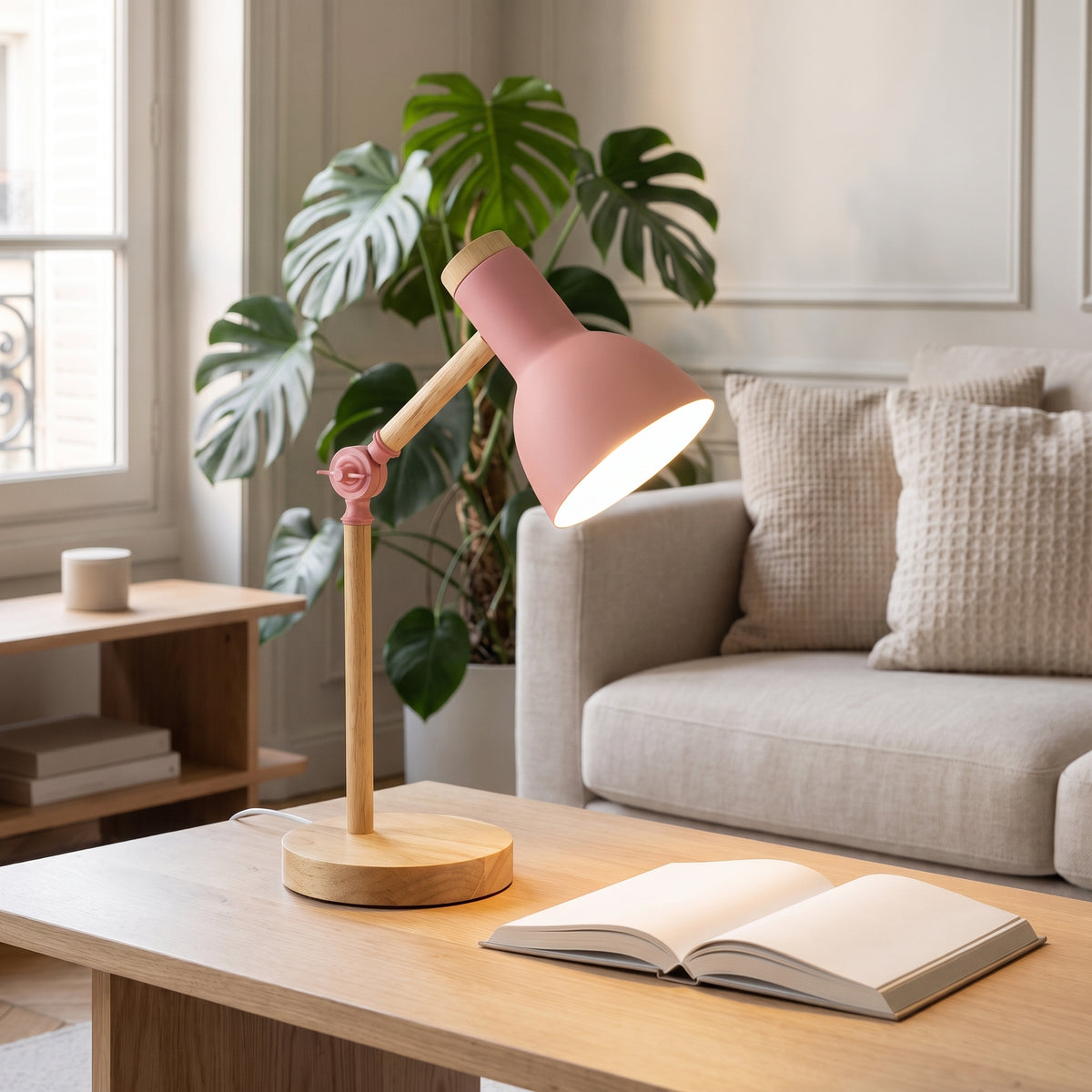 Lampe de bureau pliante rose éclairant un livre ouvert