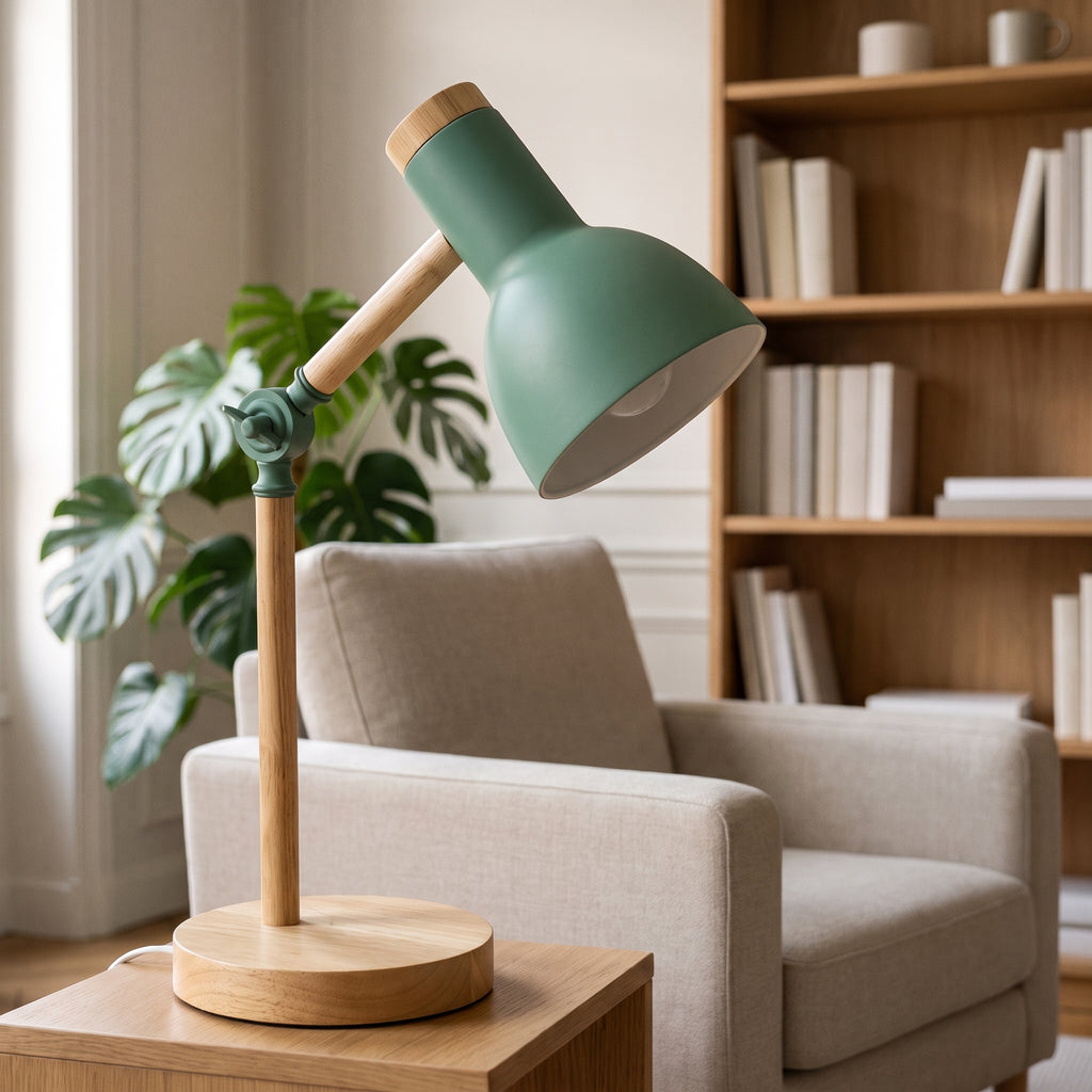 Lampe de bureau pliante verte près d'un fauteuil de lecture
