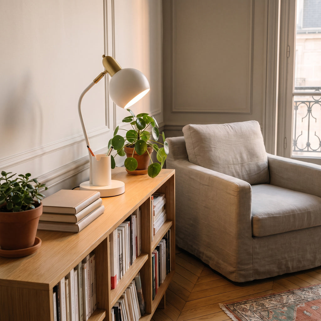 Lampe de bureau blanc crème allumée sur une bibliothèque basse en bois, entre une pile de livres et un pot de terre cuite qui donnent son échelle