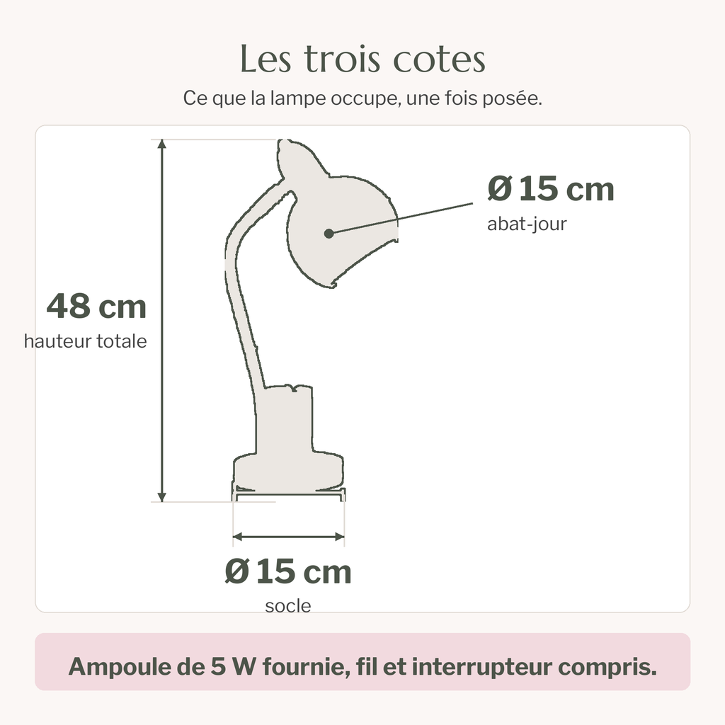 Schéma coté de la lampe : 48 cm de hauteur totale, 15 cm de diamètre d'abat-jour et 15 cm de diamètre de socle