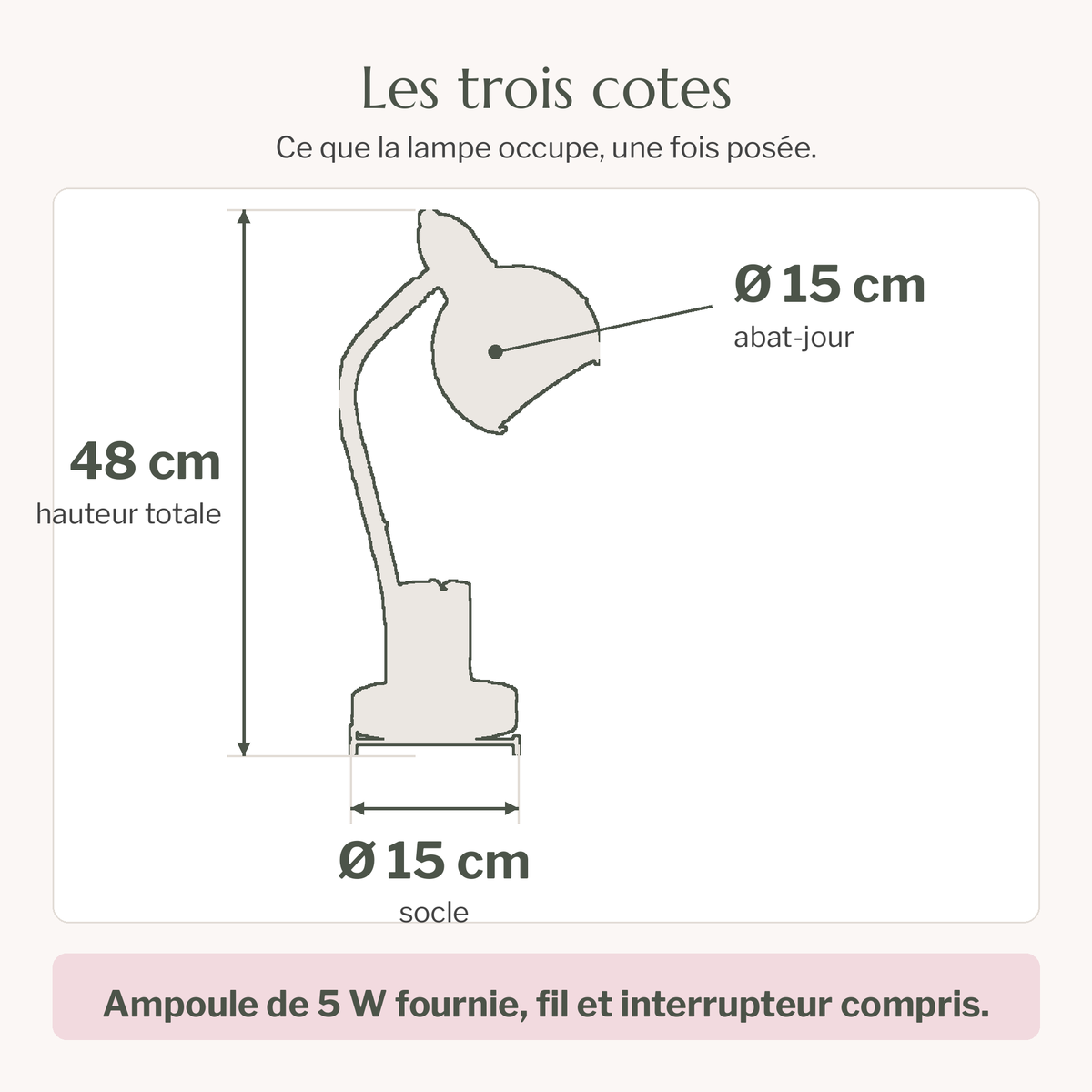 Schéma coté de la lampe : 48 cm de hauteur totale, 15 cm de diamètre d'abat-jour et 15 cm de diamètre de socle
