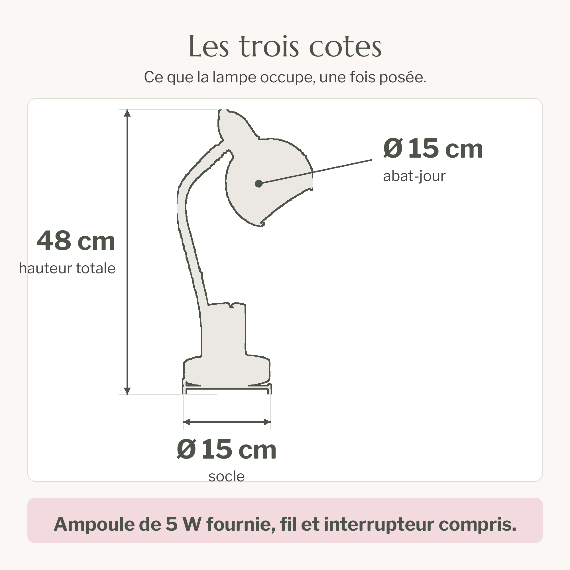 Schéma coté de la lampe : 48 cm de hauteur totale, 15 cm de diamètre d'abat-jour et 15 cm de diamètre de socle Image