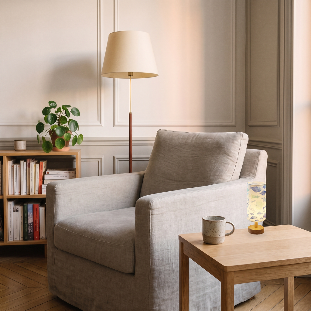 Lampe de chevet à poissons près d’un fauteuil, d’un livre et d’une tasse