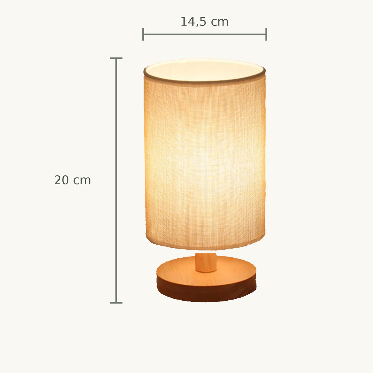 Dimensions de la lampe de chevet : 20 cm de haut et 14,5 cm de diamètre