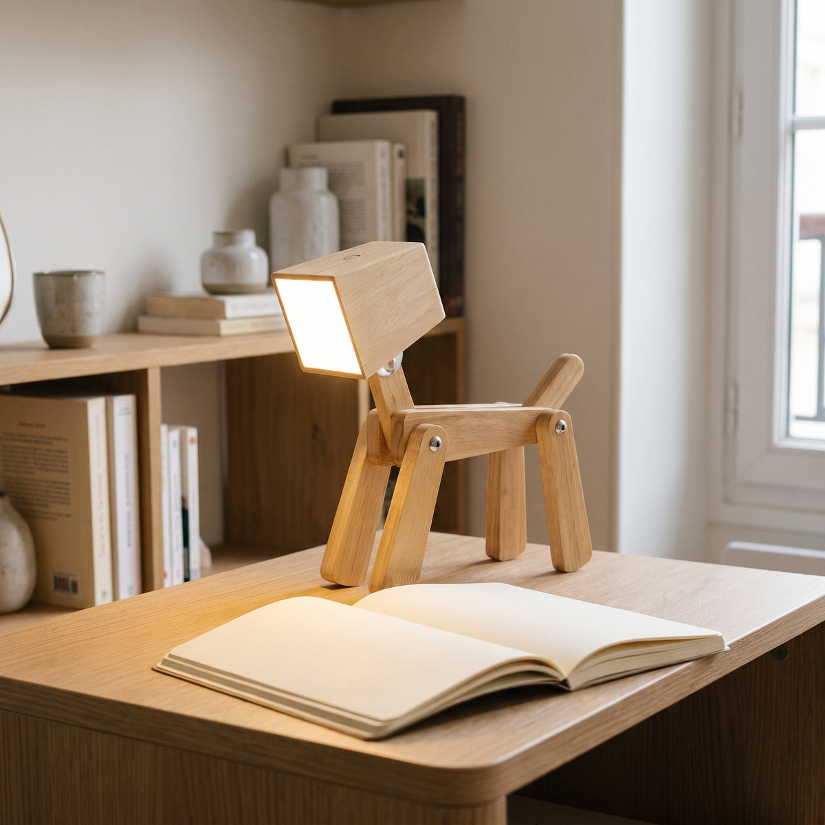Lampe chien articulée en bois près d’un livre sur un bureau