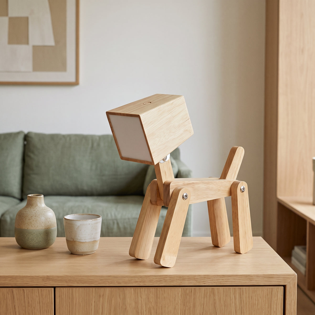 Lampe chien articulée en bois vue à l’échelle sur une console Image