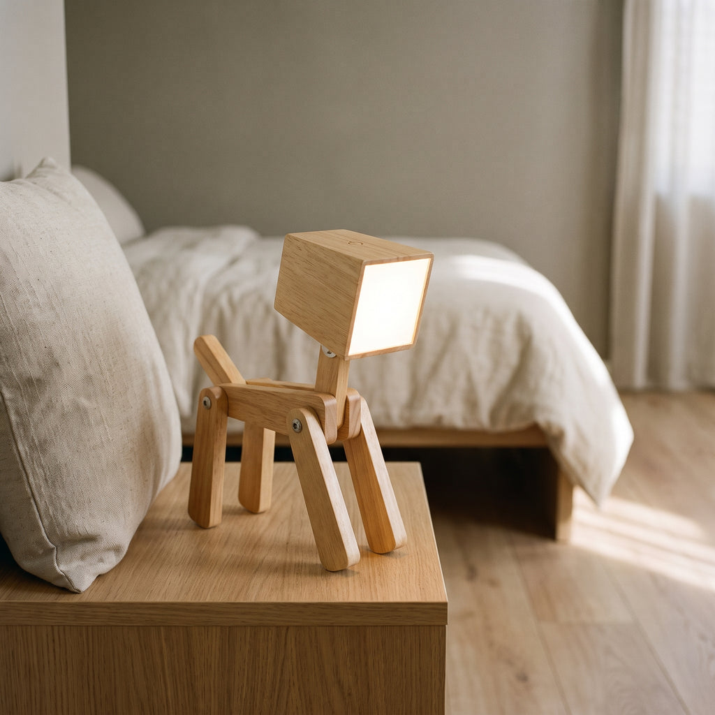 Lampe chien articulée en bois allumée sur une table de chevet