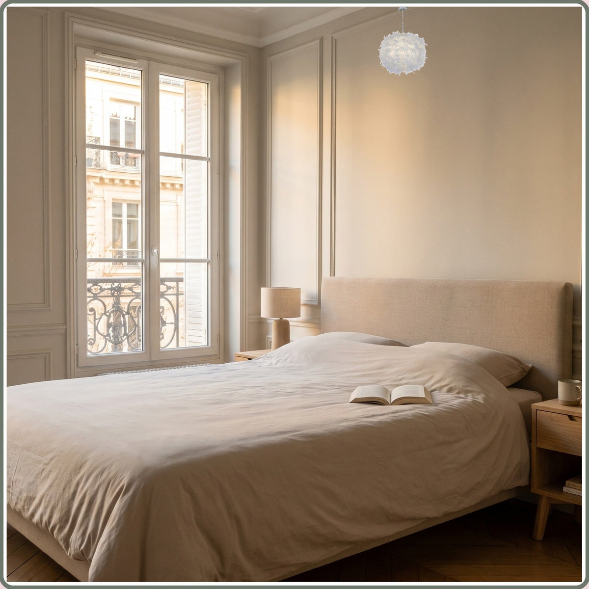 Suspension boule à plumes blanche dans une chambre lumineuse