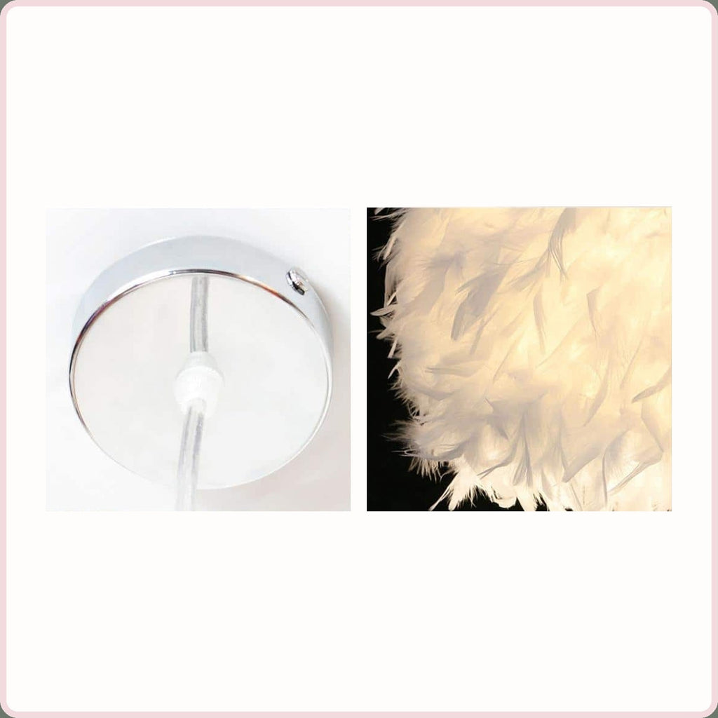 Détails de la rosace ronde et des plumes de la suspension blanche