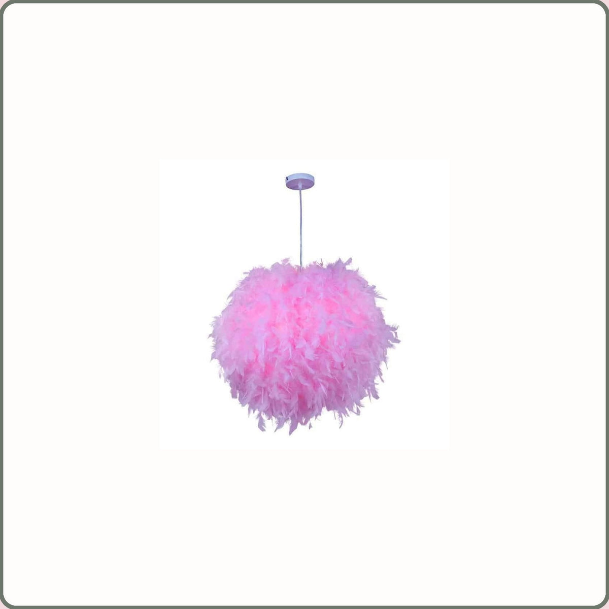 Suspension boule à plumes rose avec sa rosace ronde