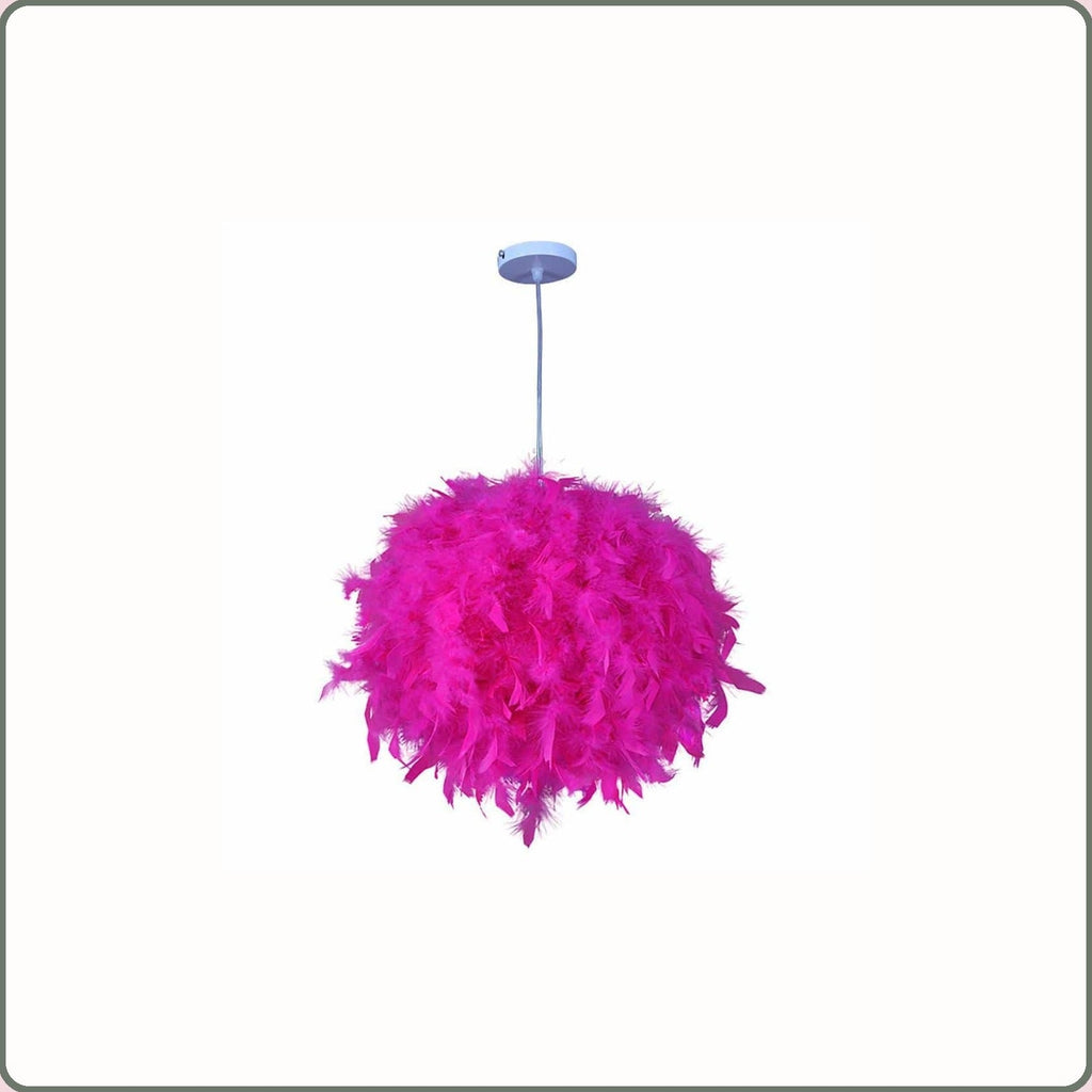 Suspension boule à plumes rose fuchsia avec sa rosace ronde