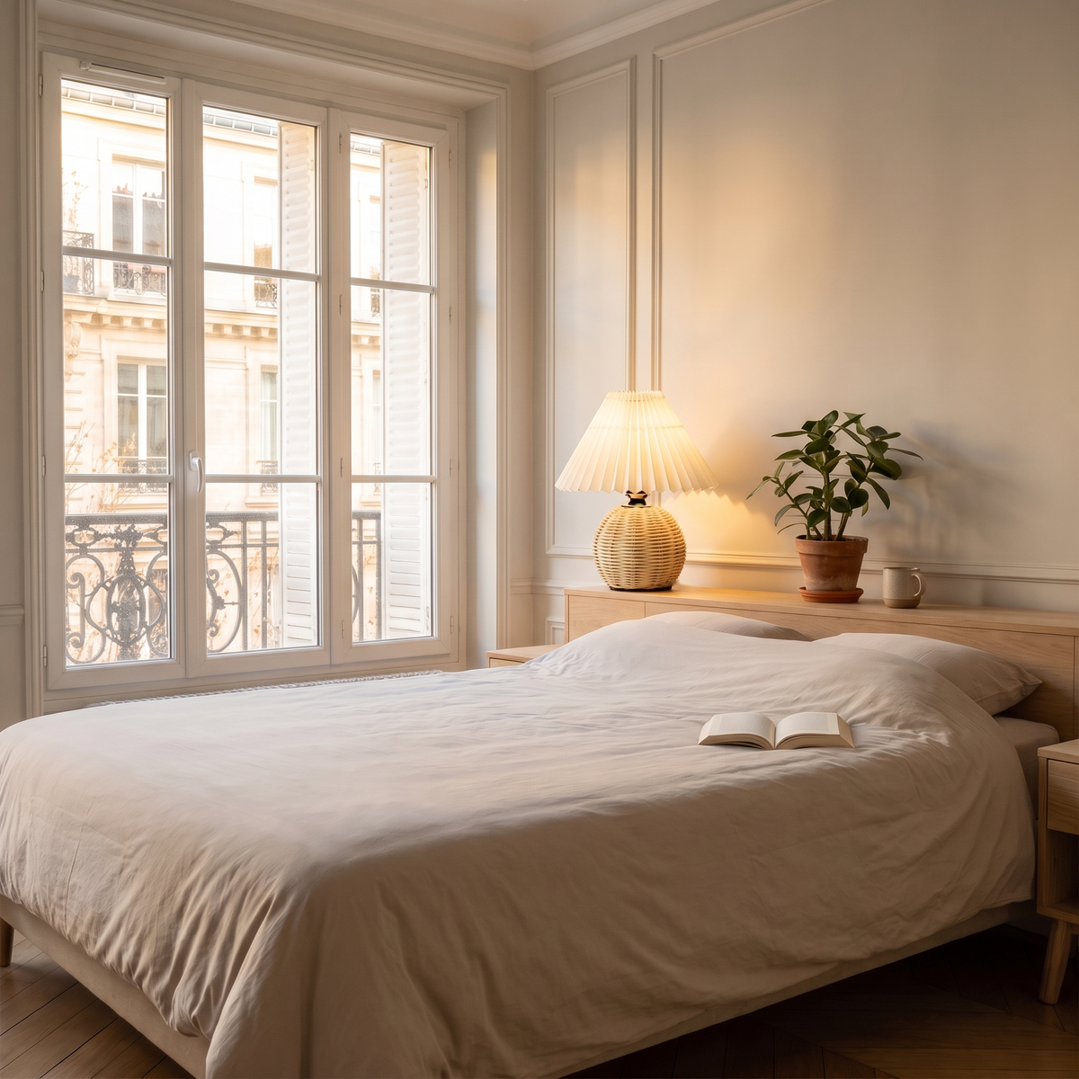 Lampe de chevet en rotin posée sur une commode de chambre Image